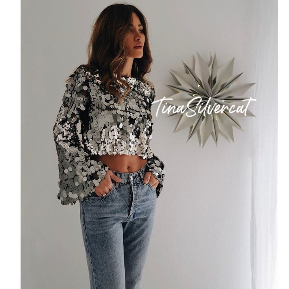 Zara Silver Sequin Crop Top Sz XS NWT